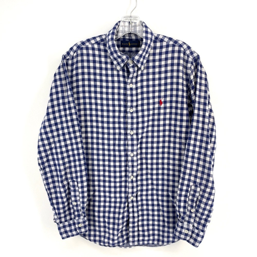 Ralph‎ Lauren Mens L Blue White Flannel Check Button Down Shirt Long Sleeve